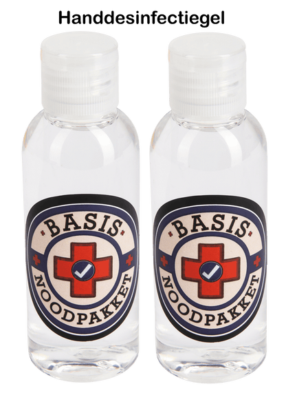 Alt-tekst: Twee doorzichtige flesjes handgel met Basis Noodpakket-logo.