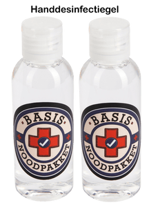 Alt-tekst: Twee doorzichtige flesjes handgel met Basis Noodpakket-logo.