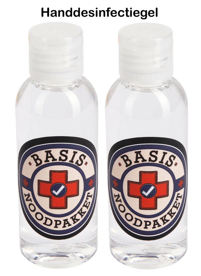 Alt-tekst: Twee doorzichtige flesjes handgel met Basis Noodpakket-logo.