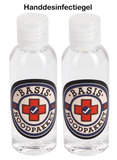 Alt-tekst: Twee doorzichtige flesjes handgel met Basis Noodpakket-logo.