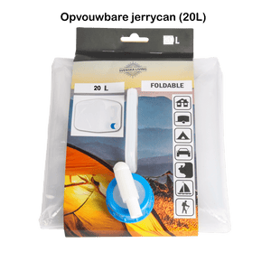 Opgevouwen jerrycan van 20 liter met tuit voor noodwatervoorziening.