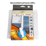 Opgevouwen jerrycan van 20 liter met tuit voor noodwatervoorziening.