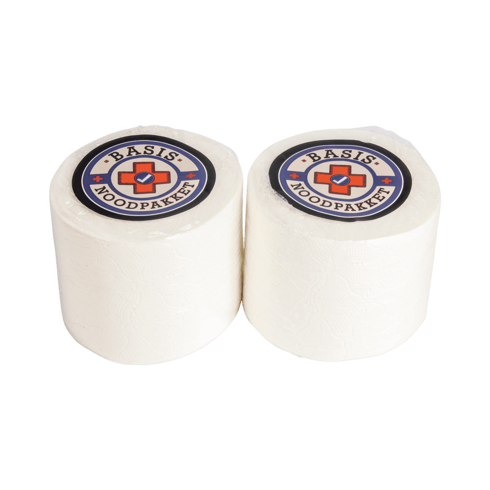 Twee witte toiletrollen met Basis Noodpakket-logo op de bovenzijde.