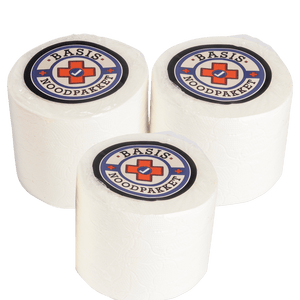 Drie rollen toiletpapier met Basis Noodpakket-logo.