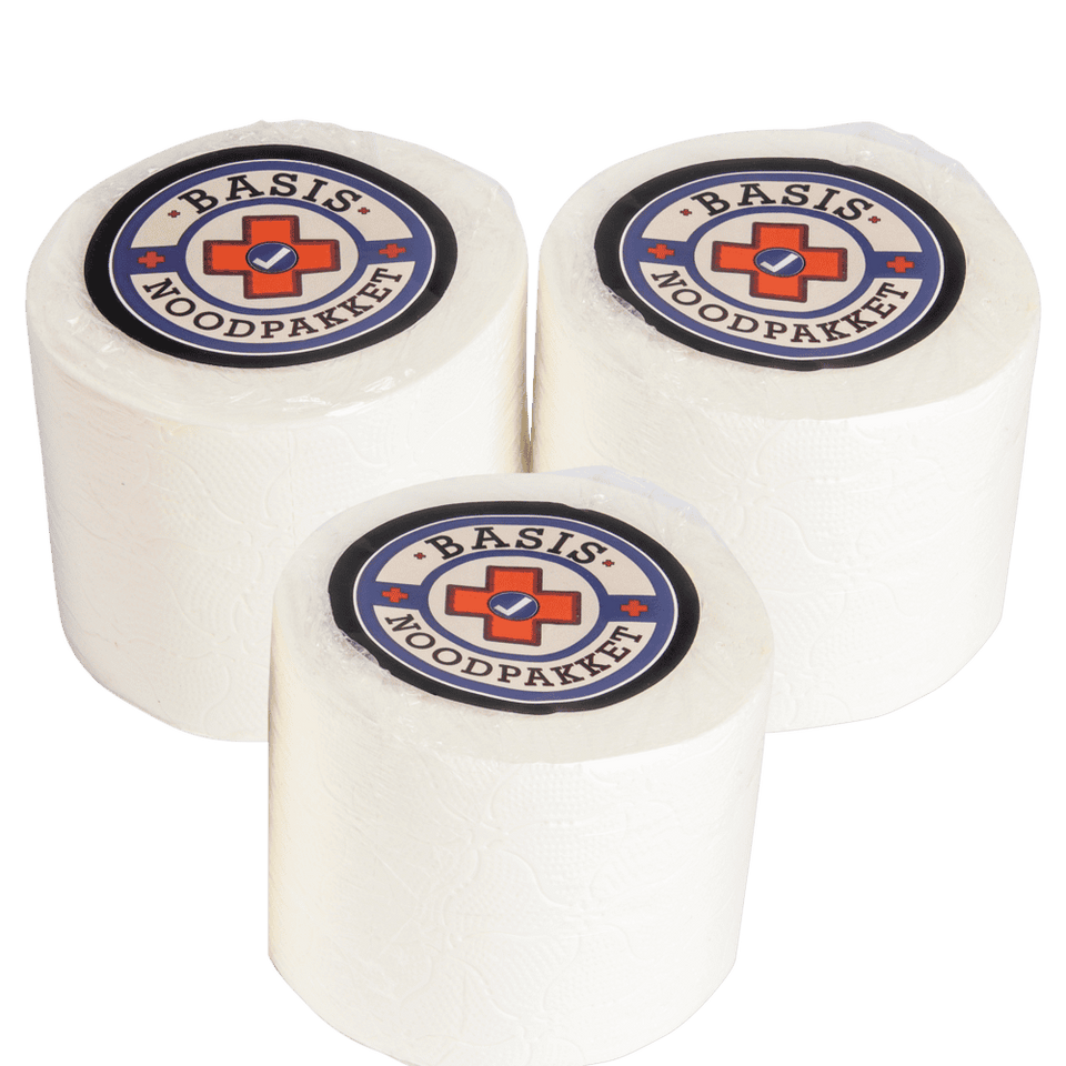 Drie rollen toiletpapier met Basis Noodpakket-logo.