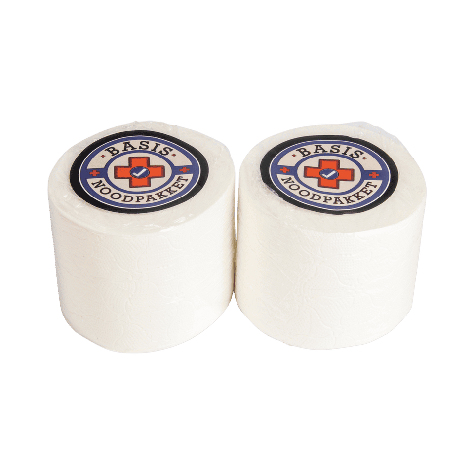 Twee witte toiletrollen met Basis Noodpakket-logo op de bovenzijde.