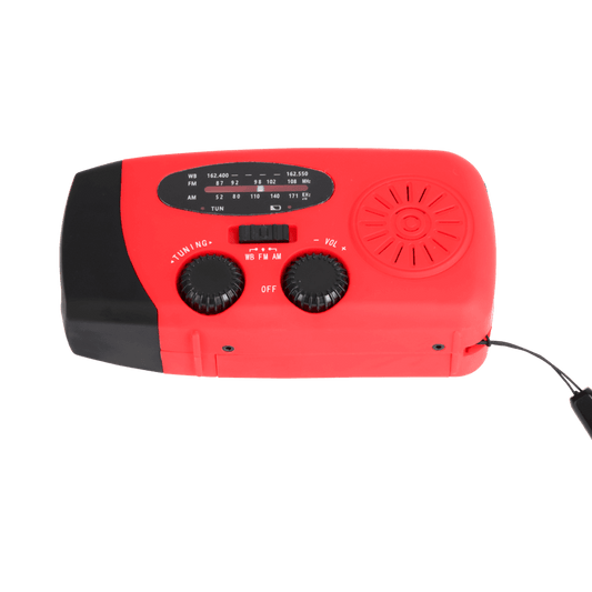 Rode noodradio met draaiknoppen voor volume en tuner, geschikt voor noodgevallen.
