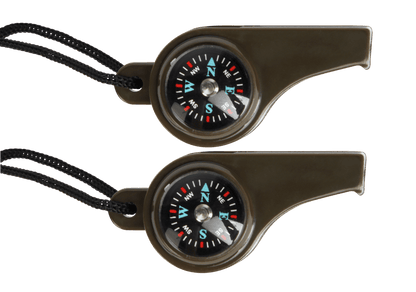 Twee bruine fluitjes met geïntegreerd kompas aan zwart koord.
