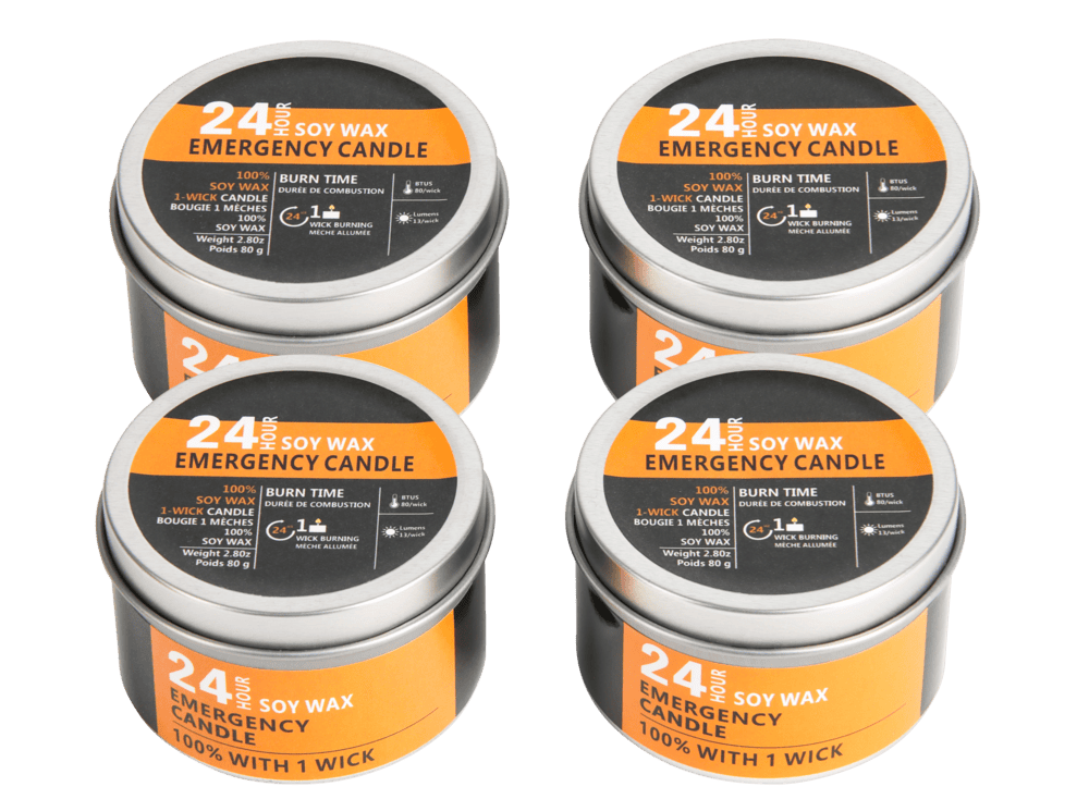 Vier blikken 24-uurs sojawas noodkaarsen met oranje label.