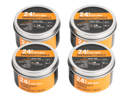 Vier blikken 24-uurs sojawas noodkaarsen met oranje label.