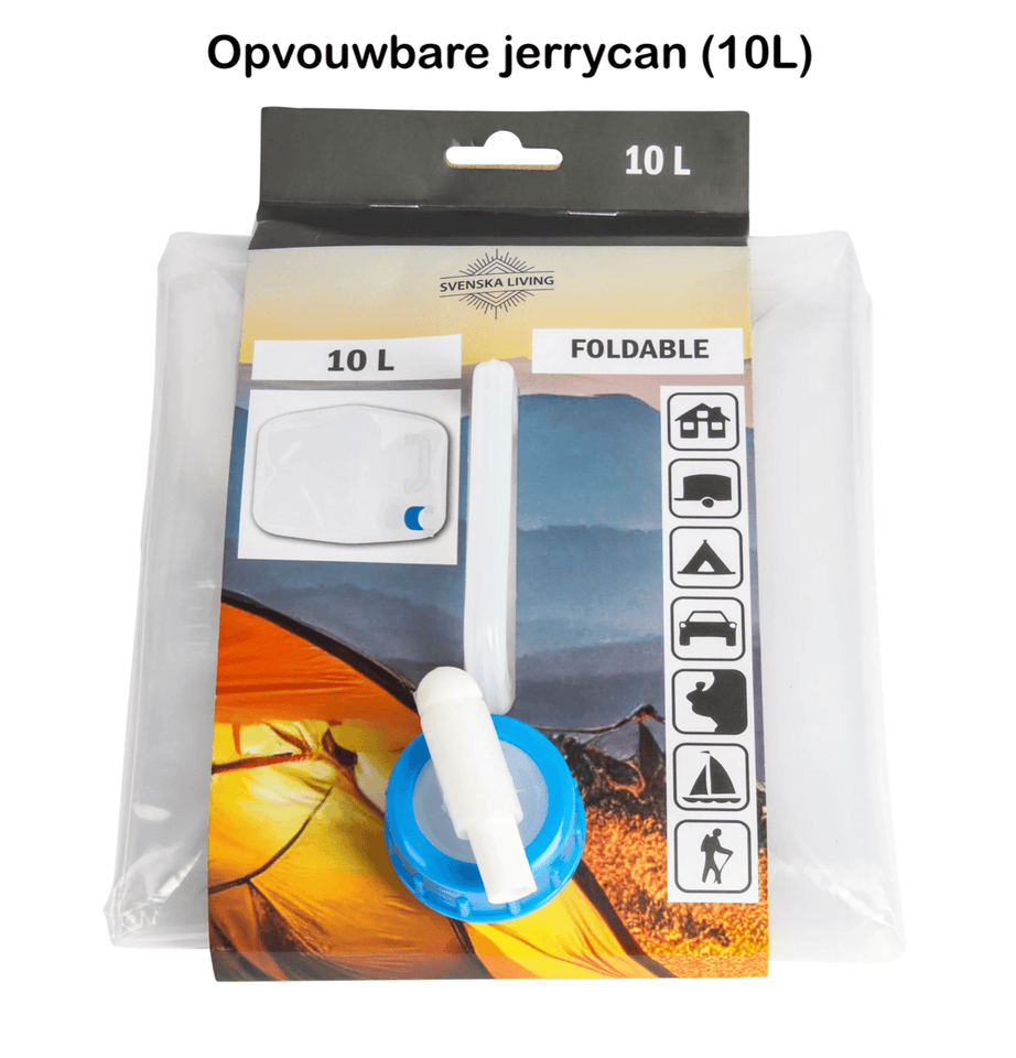 Opgevouwen jerrycan van 10 liter met tuit voor noodwatervoorziening.