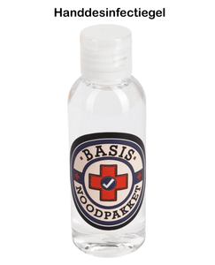 Transparant flesje met handdesinfecterend middel en Basis Noodpakket-logo.