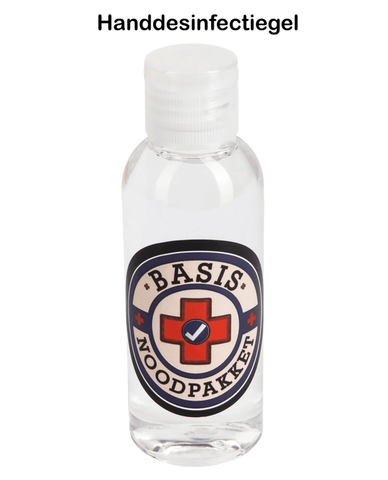 Transparant flesje met handdesinfecterend middel en Basis Noodpakket-logo.