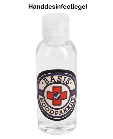 Transparant flesje met handdesinfecterend middel en Basis Noodpakket-logo.